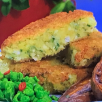 Ainsley Harriott crispy fish cakes with crushed garden peas and sweet potato wedges recipe on This Morning