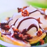 Rachel Khoo banana split with cocoa nibs praline and chocolate fudge sauce recipe