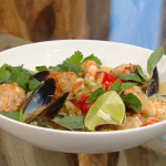 Matt Tebbutt Indonesian inspired broth with lobster prawns, mussels and deep fried cuttlefish balls recipe on Saturday Kitchen