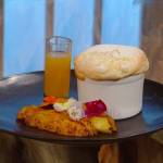 Shivi Ramoutar coconut milk souffle with hot buttered rum and roasted pineapple recipe on Saturday Kitchen