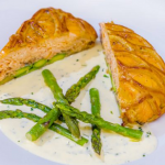 James Martin salmon en croute with asparagus and sparkling wine sauce recipe on James Martin’s Saturday Morning