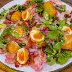 James Martin warm deep-fried boiled egg salad with speck and asparagus recipe