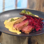 Matt Tebbutt corn beef with vegetables, cheese sauce, pickled cabbage and crisp rye bread recipe on Saturday Kitchen