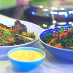 Kate Humble slow roasted goat shoulder with Middle Eastern inspired slaw and spicy harissa yoghurtdip recipe on Escape To The Farm