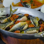 James Martin mackerel with sliced potatoes, olives and sunblush tomatoes recipe on James Martin’s Saturday Morning