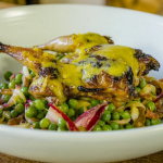 Paul Forster spatchcock quail with pea and bacon salad recipe on James Martin’s Saturday Morning