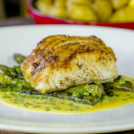 James Martin roast cod with Jersey Royals, BBQ asparagus and beurre blanc sauce recipe on James Martin’s Saturday Morning
