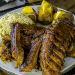 James Martin BBQ pork ribs with jacket potatoes, celeriac remoulade and cider sauce recipe on James Martin’s Saturday Morning