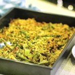 Kate Humble pangrattato with spelt and spring vegetables tray bake recipe on Escape To The Farm