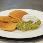 John Torode sweetcorn fritters with smashed avocado and a poached egg on Celebrity Masterchef