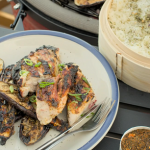 The Hairy Bikers’ miso and beer BBQ chicken with yuzu roasted aubergines and coconut sticky rice recipe
