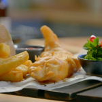 Ainsley Harriott Beer-Battered Fish with Triple Cooked Chips and Mushy Mint Peas recipe on Ainsley’s Good Mood Food