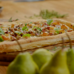 Ainsley Harriott honey and thyme caramelised pear, pecan and cheese tart recipe on Ainsley’s Good Mood Food