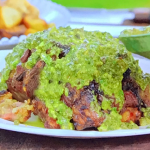 Jamie Oliver slow roasted lamb with green sauce and a fennel, sage, sausage and onion stuffing recipe