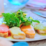 Jamie Oliver Rainbow tomato crostini with tomatoes, cheese and baguettes recipe