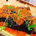 Simon Rimmer hasselback aubergines with olives and tomatoes recipe on Sunday Brunch