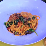 James Martin spaghetti with nduja sausage, olives and spinach recipe on James Martin’s Saturday Morning