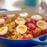 Nadiya Hussain saag paneer pilau rice with boiled eggs and pickled red cabbage recipe on Nadiya’s Fast Flavours