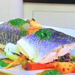 James Martin sea bass in banana leaf with red cabbage slaw and lotus root recipe on James Martin’s Saturday Morning
