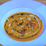 James Martin roasted tomato soup with confit tomatoes and herb oil recipe on James Martin’s Saturday Morning