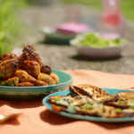 Nadiya Hussain BBQ chicken drumsticks with honey glaze, sriracha sauce, aubergines and coronation sauce recipe on Nadiya’s Fast Flavours