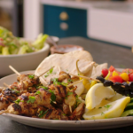 Georgina Hayden chicken souvlaki kebab with salad, avocado, radish and a lemon and tahini dressing recipe on Nadiya’s Fast Flavours