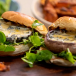 Lisa Faulkner mushroom burgers with blue cheese and sweet potato wedges recipe on John and Lisa’s Weekend Kitchen
