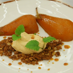 Monica Galetti coffee caramel poached pear with praline cream and muscovado crumb on Masterchef The Professionals