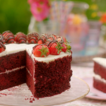Nadiya Hussain red velvet cake with cream cheese frosting, vanilla, fresh strawberries and chocolate recipe on Nadiya’s Fast Flavours