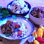 Simon Rimmer slow-cooked jerk pork with rice and peas recipe on Steph’s Packed Lunch