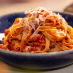 John Torode and Lisa Faulkner fresh pasta with tomato sauce and garlicky bread rolls recipe on John and Lisa’s Weekend Kitchen