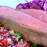 James Martin pan fried duck breasts with red cabbage, pomegranate sauce and a tabbouleh salad recipe on James Martin’s Saturday Morning