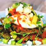Simon Rimmer crushed pea pancakes with feta, cucumber and poached eggs recipe on Sunday Brunch