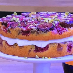 John Whaite fig and Turkish delight double upside-down cake with yoghurt, raspberries and pistachios recipe on Steph’s Packed Lunch