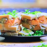 Ainsley Harriott salmon fish finger sandwich with furikake and wasabi-spiked mayo recipe on Ainsley’s Good Mood Food