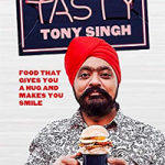 Tony Singh dirty lamb burger with sliced onions and aloo pakora recipe on Saturday Kitchen