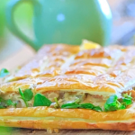 Jamie Oliver chicken and mushroom puff pastry pie with wholegrain mustard, spring onions and salad recipe on Jamie’s One-Pan Wonders