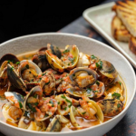 Thomas Straker Squid and Clams with Tomatoes and Grilled Sourdough Bread recipe on Sunday Brunch
