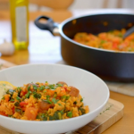 Chris Bavin vegan chorizo paella with kale, peas and peppers recipe on Eat Well For Less