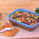 Freddy Forster Greek lamb meatball traybake with stuffed pita bread recipe on Steph’s Packed Lunch