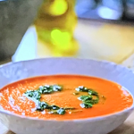Michel Roux tomato veloute with basil pesto recipe on Michel Roux’s French Country Cooking