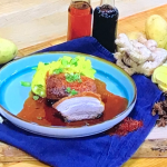 Simon Rimmer roast pork belly with spring onion mash recipe on Steph’s Packed Lunch