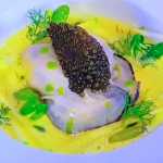Sally Aba Steamed Porthilly Oysters with Kohlrabi Strings, Exmoor Caviar and Hambledon Sauce Divine recipe on James Martin’s Saturday Morning