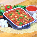 Sabrina Ghayour kofta, orzo and tomato traybake with feta cheese recipe on Steph’s Packed Lunch