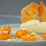 Marcus Wareing poached apricots with Chantilly cream and almond tuile on Masterchef The Professionals