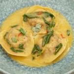 Marcus Wareing ravioli with cheese and ‘nduja’ filling and a oregano butter emulsion on Masterchef: The Professionals