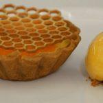 Nikita Pathakji cardamom custard tart with apricots, and a honey and lemon sorbet on Masterchef The Professionals
