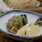 Si King and Dave Myers spiced salt baked sea bass with curried mussels sauce recipe on The Hairy Bikers Go Local