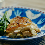Rick Stein cider, chicken and gratin with cheddar cheese and Dijon mustard recipe on Rick Stein’s Cornwall