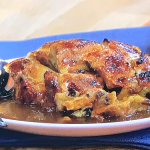 Simon Rimmer hot cross bun bread and butter pudding with chocolate chips and toffee sauce recipe on Steph’s Packed Lunch